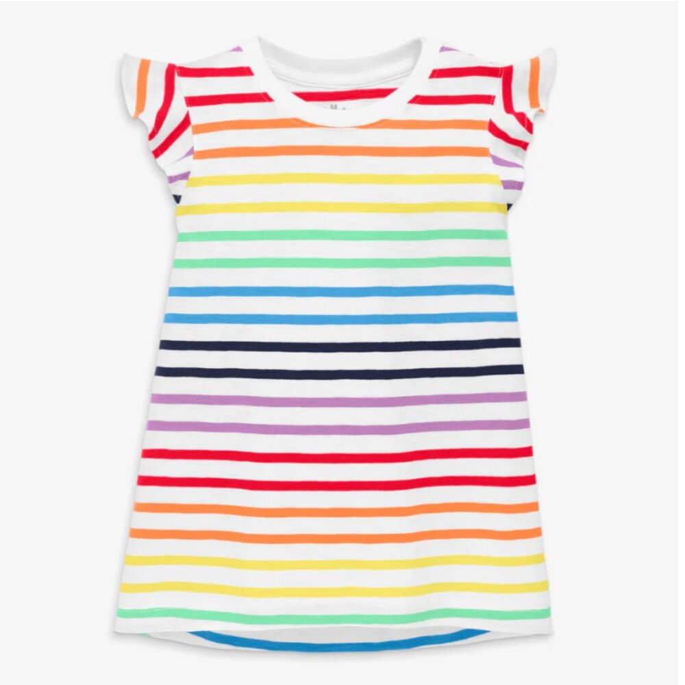 Primary Girls Double Rainbow Stripe Ruffle Muscle Flutter Sleeve Tee Girls Sz 10